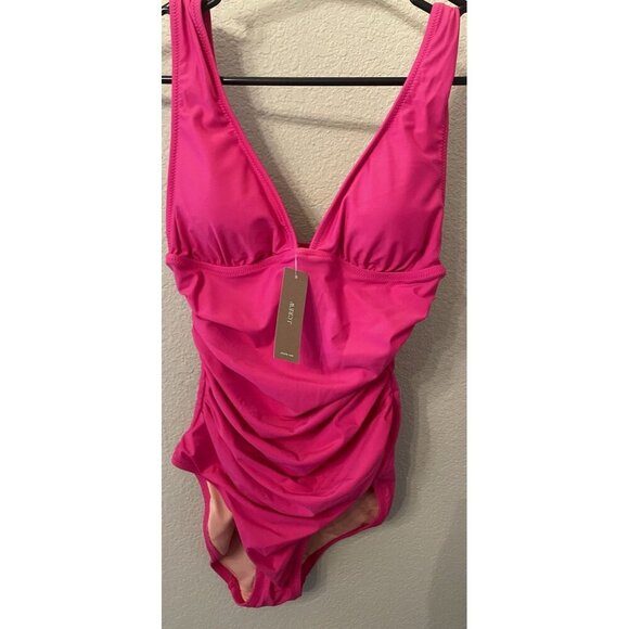 NWT J. Crew Ruched V Neck One Piece Swimsuit Size 8 Fuchsia Pink BC116 Swim - Picture 1 of 7